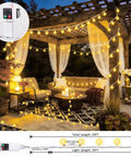Rechargeable Camping String Lights 33Ft 100 LED Globe Bulbs Warm White With Timer adorning a pergola patio setting at night