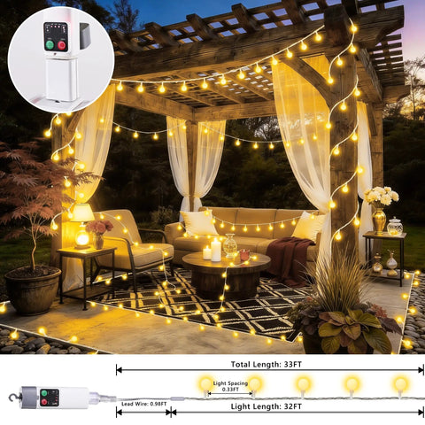 Rechargeable Camping String Lights 33Ft 100 LED Globe Bulbs Warm White With Timer adorning a pergola patio setting at night