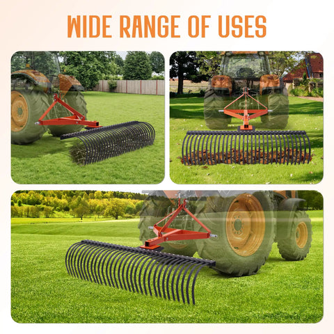 3 Point Tow Behind Rake With 60 Inch Width And 32 Steel Tines, Adjustable Angle Lawn Dethatcher And Landscape Rake attached to tractor