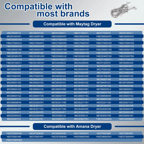 Compatibility chart for Dryer Heating Element Kit for Duet and Bravos XL 5400 Watt with various dryer models.