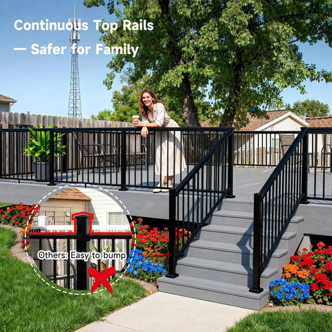 Modular Adjustable Aluminum Stair Railing Kit For Outdoor Deck Or Porch, Cuttable Length, Easy DIY Install, Fits 28 To 45 Degree Stairs, Full Textured Matte Black Finish, Includes 1 Post And 1 Panel