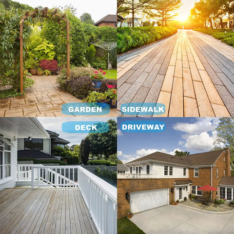 Composite image showing applications of a 14 Inch Pressure Washer Surface Cleaner With 4 Wheels Heavy Duty Stainless Steel Accessory For Driveways Sidewalks And Patios 4000 PSI One Quarter Inch Quick Connector Includes 2 Extension Wand Attachments, including garden, sidewalk, deck, and driveway settings.