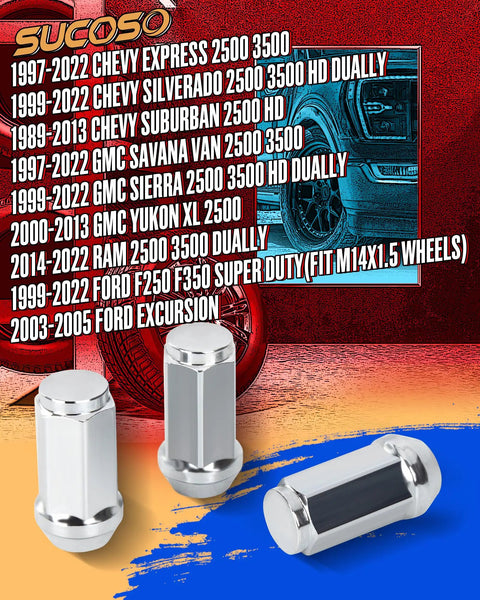 32-Piece M14x1.5 Lug Nut Kit With 19mm Hex Conical Seat For Aftermarket Wheels displayed with truck compatibility list.