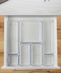 7 Piece Drawer Organizer Set With 4 Different Sizes Clear Crystal Plastic Trays For Office Home Makeup Kitchen And Junk Drawer Modular Build For Customizable Storage And Easy Grab And Go Organization installed in a drawer
