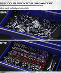 Before and after image of Socket Holder Organizer Set With Magnetic Trays For 1/4, 3/8, 1/2 Inch Sockets in toolbox.