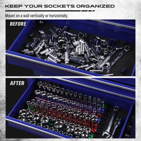 Before and after image of Socket Holder Organizer Set With Magnetic Trays For 1/4, 3/8, 1/2 Inch Sockets in toolbox.