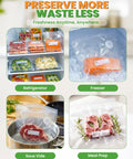 Handheld Compact Vacuum Sealer For Food, portable meal saver with 30 reusable bags shown preserving meat, fish, veggies, cheese, and leftovers.