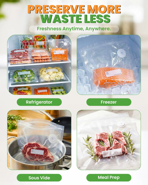 Handheld Compact Vacuum Sealer For Food, portable meal saver with 30 reusable bags shown preserving meat, fish, veggies, cheese, and leftovers.