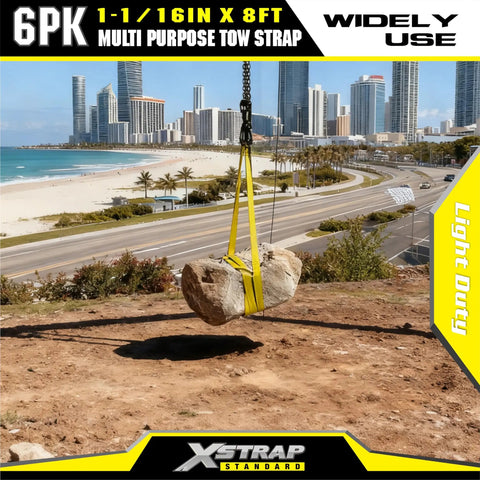 Six Pack 1x8 Lift Sling Straps With Wear Guard Ends, Heavy Duty Polyester Web Slings lifting a large rock