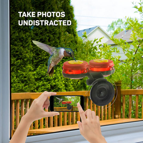 Set Of 2 Mini Glass Hummingbird Feeders With Window Mount Base For Handheld Or Tabletop Use Outdoors Holds 1 Oz Red And Yellow Flower Attractors For Grab And Go Bird Watching And Quick Feeding, attached to window attracting hummingbird.