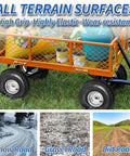 Orange cart on 10-inch pneumatic tires for hand trucks and garden carts with all-terrain capability in snow, gravel, and dirt.