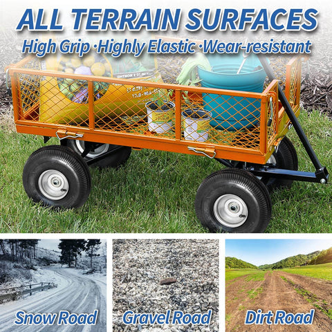 Orange cart on 10-inch pneumatic tires for hand trucks and garden carts with all-terrain capability in snow, gravel, and dirt.