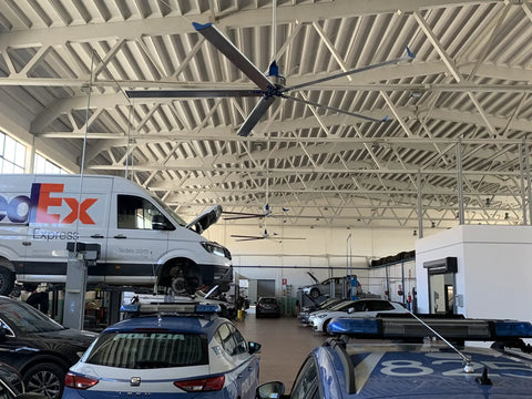Industrial Grade 24 Ft HVLS Ceiling Fan With Built In VFD Brushless Motor And Remote Control in an automotive workshop.
