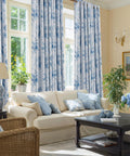 Living room with Blue Floral 100 Percent Blackout Curtains 2 Panels With Grommet Top 84 Inches Long Thermal Window Treatments Rose Pattern.
