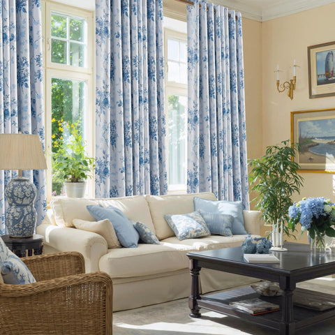 Living room with Blue Floral 100 Percent Blackout Curtains 2 Panels With Grommet Top 84 Inches Long Thermal Window Treatments Rose Pattern.