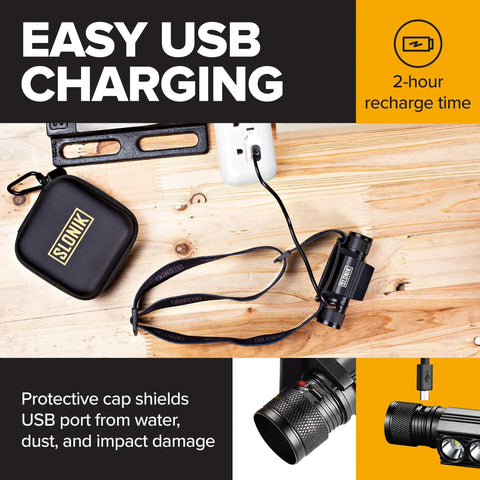 Rechargeable 1000 Lumen LED Headlamp With USB Power, IPX4 Waterproof Head Light next to USB cable and protective case on wooden surface