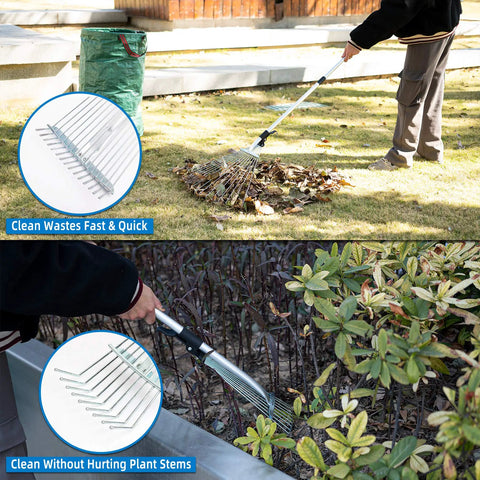 Person using Two Pack Adjustable Yard Rake Set With 63-Inch 15-Tine Big Rake And 30-Inch 9-Tine Small Rake for garden cleanup
