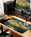 Starry Night Cat Desk Mat Extended Large 31.5 by 15.7 Inch Anime Mouse Pad For Keyboard And Laptop Office And Gaming Desk Protector Gamer Ready Ultra Smooth Surface Big Desk Cover For Home And Gaming Setup on wooden desk