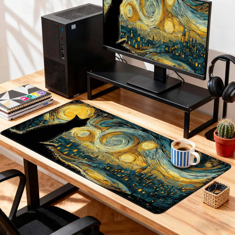 Starry Night Cat Desk Mat Extended Large 31.5 by 15.7 Inch Anime Mouse Pad For Keyboard And Laptop Office And Gaming Desk Protector Gamer Ready Ultra Smooth Surface Big Desk Cover For Home And Gaming Setup on wooden desk