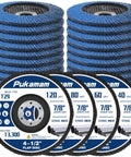 Front view of four Pukamam flap discs, 4-1/2 in diameter with 7/8 in arbor; grits 40/60/80/120; zirconia for angle grinder.