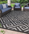 Durable 5x8 Outdoor Rug For Patio And RV Use, Waterproof Reversible Plastic Mat with geometric design on patio