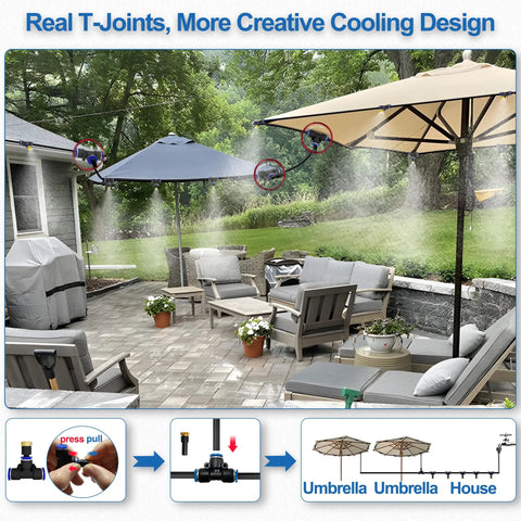 Outdoor Patio Misting Kit 50 Foot Hose Cooling System For Backyard Garden Greenhouse Deck Canopy Pool Porch Trampoline Party Accessories DIY Easy Cut To Fit No Fuss Easy Setup installed on patio