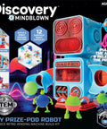 Prize Pod Robot Kit With 52 Piece Vending Machine Build Set And 12 Transforming Capsules, retro blue robot kit box art, ages 8+