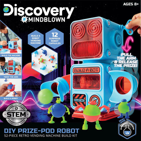 Prize Pod Robot Kit With 52 Piece Vending Machine Build Set And 12 Transforming Capsules, retro blue robot kit box art, ages 8+
