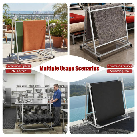 Open Style Mobile Floor Mat Transporter Cart with Wheels in multiple usage scenarios, including hotel kitchens and swimming pools.