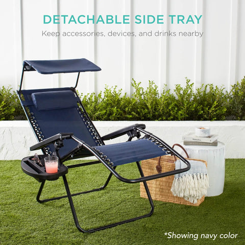 Zero Gravity Outdoor Folding Recliner Lounge Chair With Adjustable Canopy Shade Headrest And Side Tray on patio
