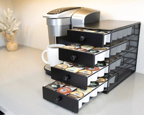 Black Satin 4 Tier Coffee Pod Drawer Organizer Compatible With K Cups Holds Up To 72 Pods on kitchen countertop next to coffee maker