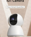 Clear Shot 4K Indoor Security Camera And Pet Watcher With 360 Pan Tilt Two Way Audio, sleek white design with lens and features.