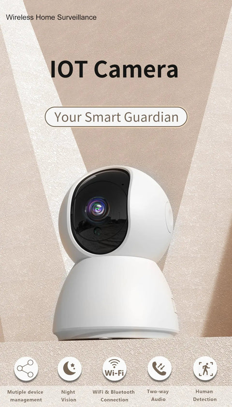 Clear Shot 4K Indoor Security Camera And Pet Watcher With 360 Pan Tilt Two Way Audio, sleek white design with lens and features.