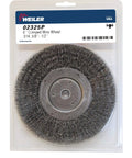 6 Inch Medium Face Bench Grinder Wheel featuring crimped steel wire brush for quick metal prep and rust removal, 5/8 to 1/2 arbor fit.