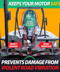 Rear view of a boat on trailer with 4 Inch Hydraulic Outboard Steering Lock For Trailering And Boating, Steer Support For Boat Motors visible.