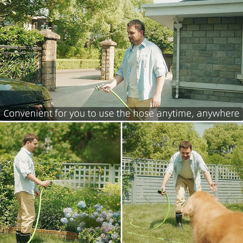 Man using Metal Hose Reel Cart That Holds 100 Feet Of Five Eighth Inch Hose For Outdoor Watering And Storage No Fuss Easy To Move Lightweight Aluminum Frame