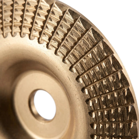 Duper Smooth 6pc Angle Grinder Wood Carving Discs With Vibration Reduction High Elastic Cushion close-up of textured metal disc.