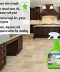 KlenzAll Heavy Duty Cleaner For Stone And Tile, Grout And Masonry, 24 Oz Spray Bottle in modern kitchen setting, breaks down tough dirt.