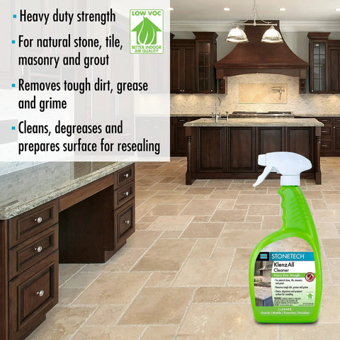 KlenzAll Heavy Duty Cleaner For Stone And Tile, Grout And Masonry, 24 Oz Spray Bottle in modern kitchen setting, breaks down tough dirt.