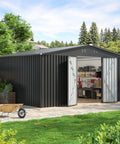 12 x 14 Ft Metal Outdoor Storage Shed Waterproof With Lockable Door All Weather Bike And Tools Shelter Visible On Patio
