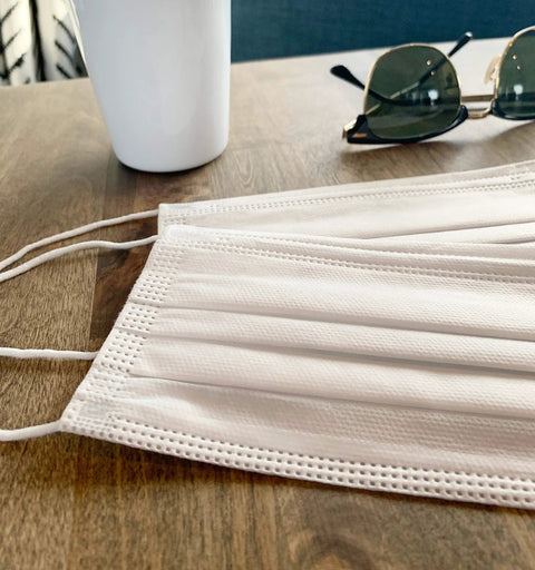 Close-up of Made In USA 3 Layer Disposable Face Masks Bulk Pack 500 Count 6.69 Inches Long By 3.74 Inches Wide With Ear Loop