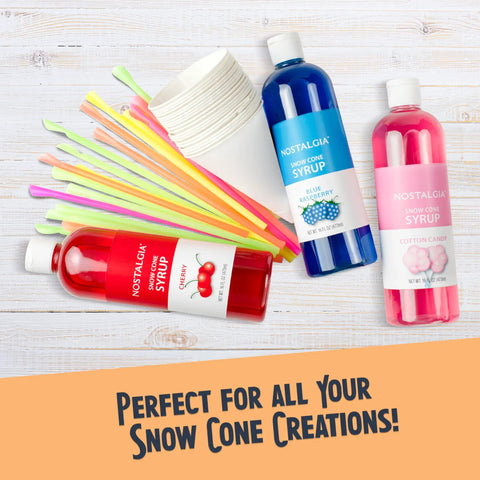 Retro Tabletop Snow Cone Machine With Two Reusable Cups And Sturdy Scoop Good Old Fashioned Fun syrups and cups for snow cone making.