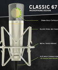 Studio Condenser Mic with 34mm Gold Diaphragm, Silver Casing, and Metal Shock Mount for Home Recording, Vocals, Podcasting.
