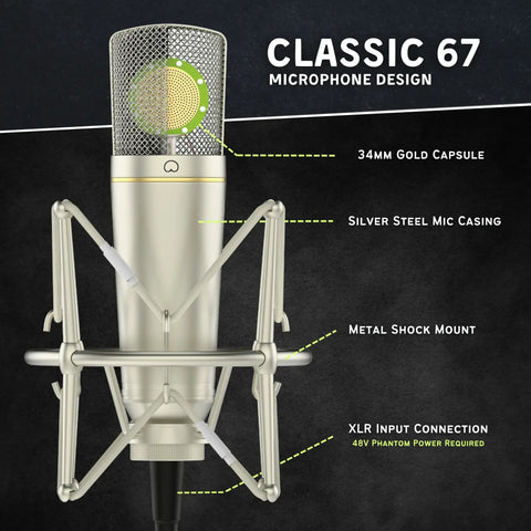 Studio Condenser Mic with 34mm Gold Diaphragm, Silver Casing, and Metal Shock Mount for Home Recording, Vocals, Podcasting.