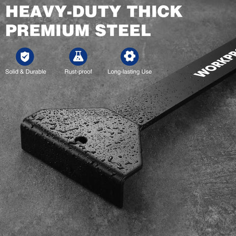 17 Inch Heavy Duty Pull And Pry Bar For Flooring Installation, Beefy Steel Construction With Soft Felt Backing To Protect Floors, Rust Resistant Leverage Tool For Quick Removal And Precise Planking - black steel pry bar close-up