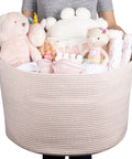 Light Pink Storage Basket For Nursery And Home Use Kiddo Friendly Toy Bin And Laundry Organizer 22x14 Inch Woven Fabric filled with toys