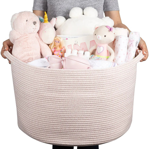 Light Pink Storage Basket For Nursery And Home Use Kiddo Friendly Toy Bin And Laundry Organizer 22x14 Inch Woven Fabric filled with toys