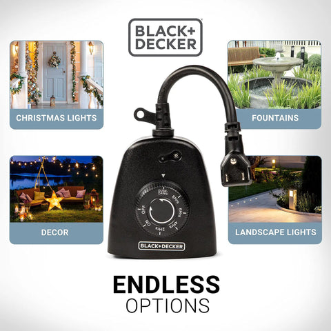 No Sweat Outdoor Timer With Three Grounded Outlets For Weatherproof Porch Lighting And Backyard Schedule Control Plug And Play Smooth Operator Setup. Close-up of timer with multiple image options for Christmas lights, fountains, and landscape lighting.