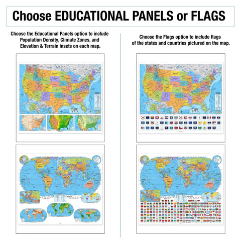 Pull Down World and US Political Classroom Map Set for Grades 9 Plus, 63 Inch Wide, with Educational Panels or Flags