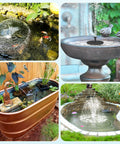 Solar Pond Fountain Pump 5.5W With Double Layer Nozzles Dry Run Protection 5 Ft Tubing installed in various garden settings.